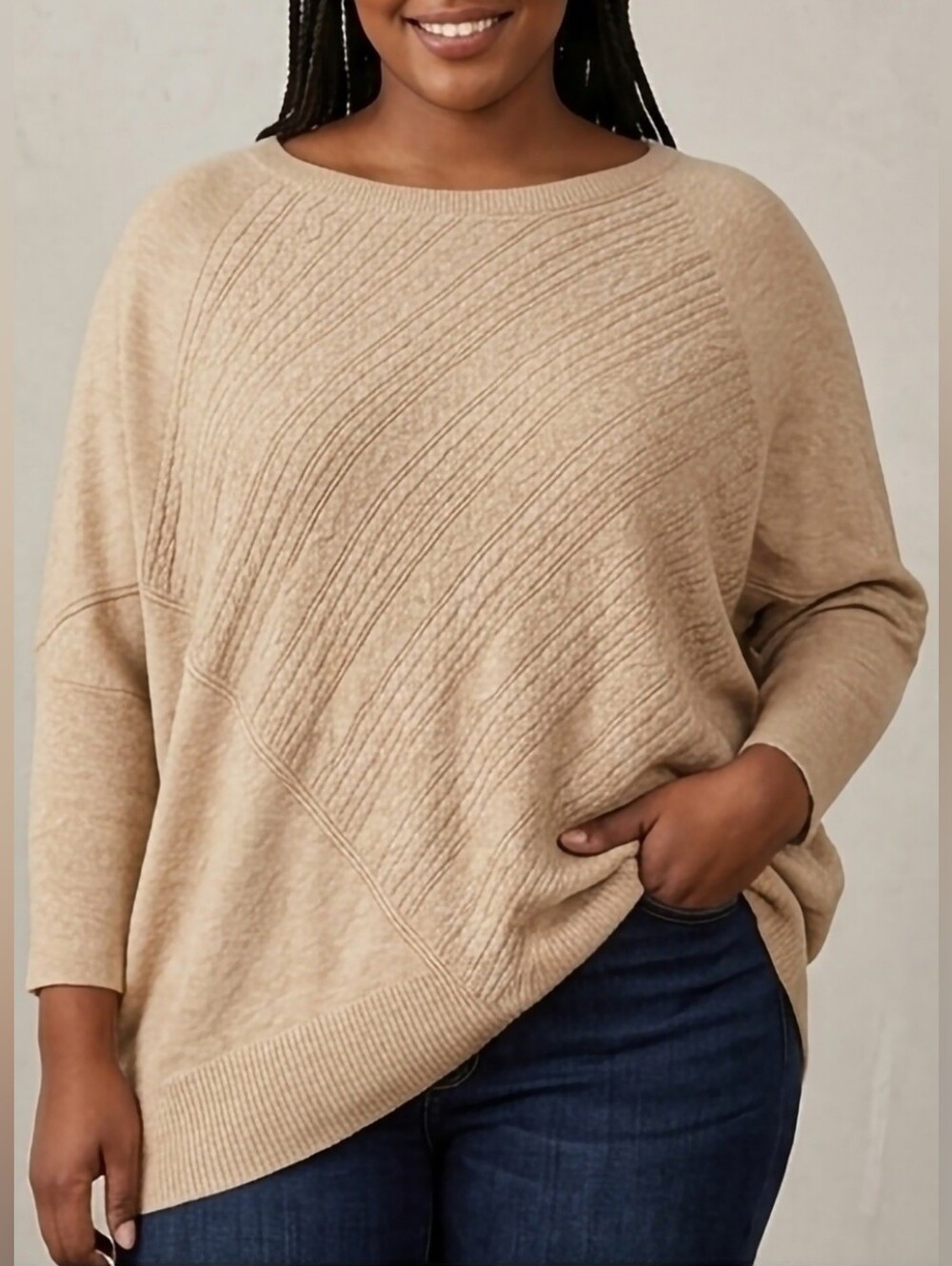 Simply Vera Vera Wang Beige Boatneck Rib Knit Poncho Sweater Cotton Blnd XL/XXL